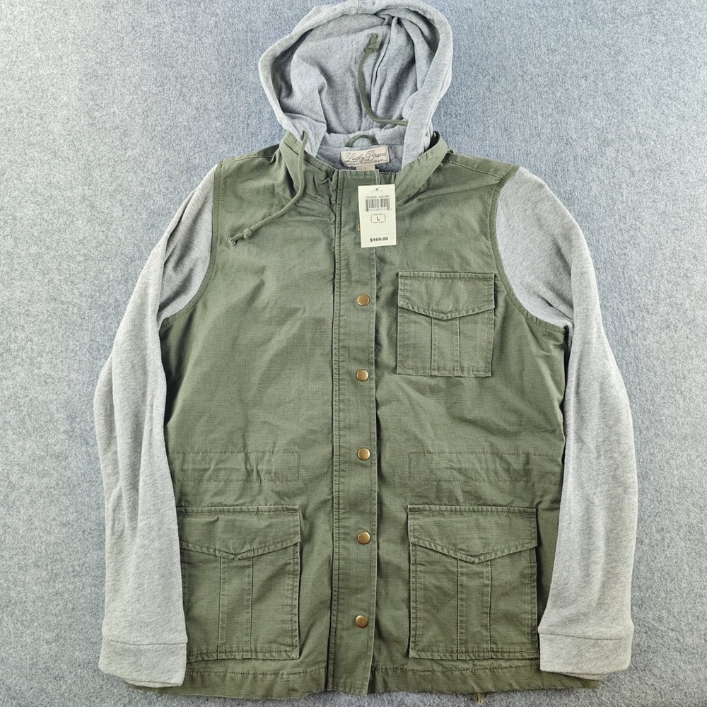 Lucky Brand Mixed Media Hooded Utility Jacket Womens Large Green Grey NWT